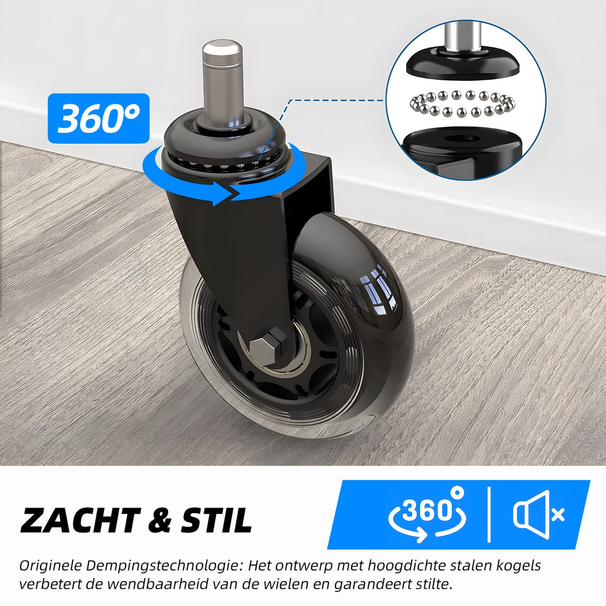 Afbeelding 3 van Zwenkwielen - gaming stoel wielen 11mm - 5 stuks - Superstil - Rubberen materiaal-Zwart