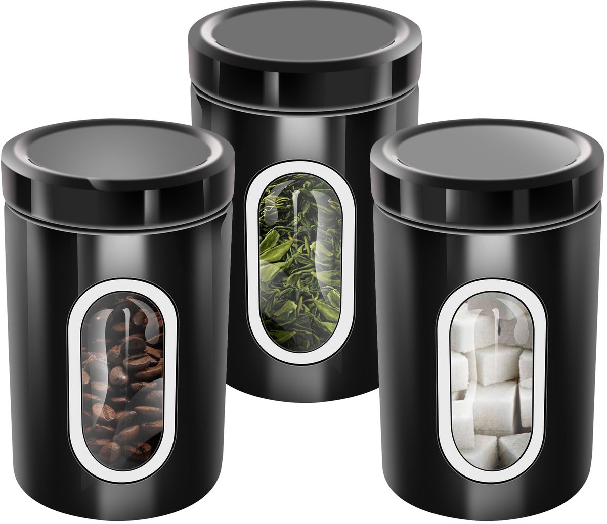 Cheffinger, Set 3 Stapelbare Dozen voor Koffie Suiker Transparant Venster Luchtdicht, Zwart