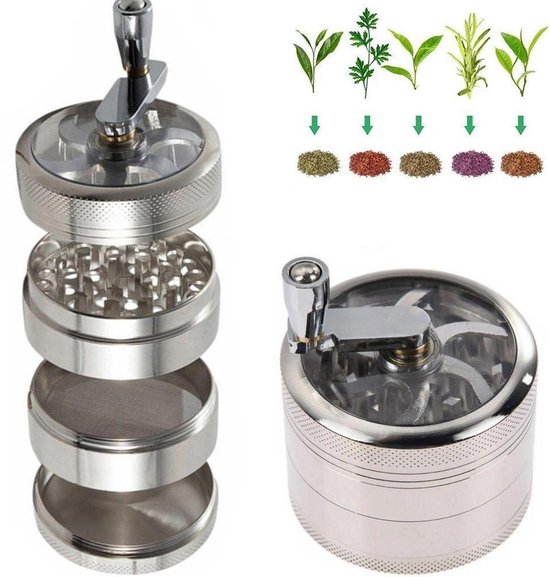 Moulin à épices - Avec poignée - Broyeur - Moulin à épices - Moulin de cuisine - Moulin à herbes - Moulin à poivre - Moulin à sel - Moulin pour herbes sèches - Broyeur portable en métal - Pour épices, herbes, café, herbes - Argent