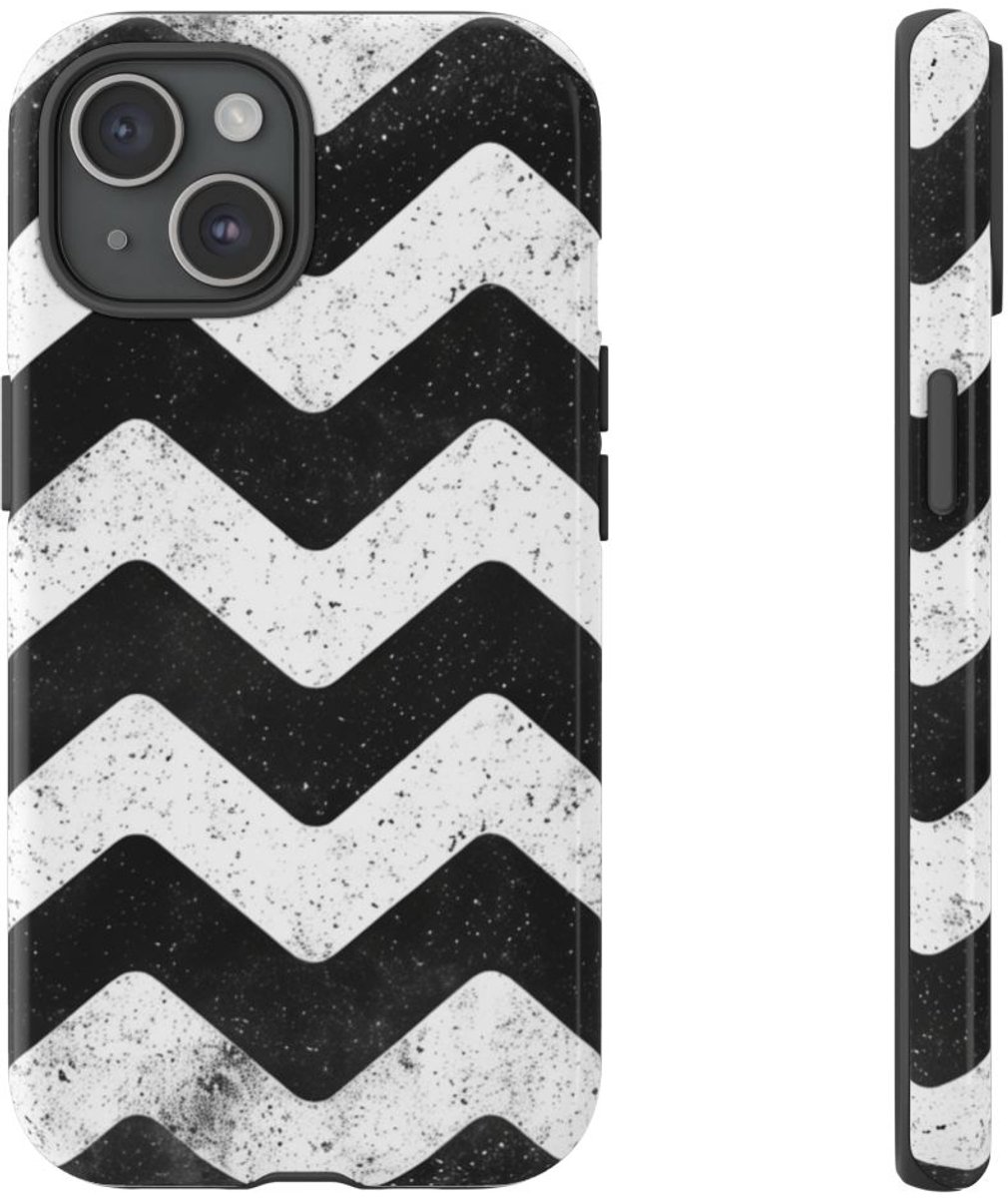 Zwart-Wit Zigzagpatroon met Vintage Effect – Telefoonhoesje Geschikt voor iPhone 15
