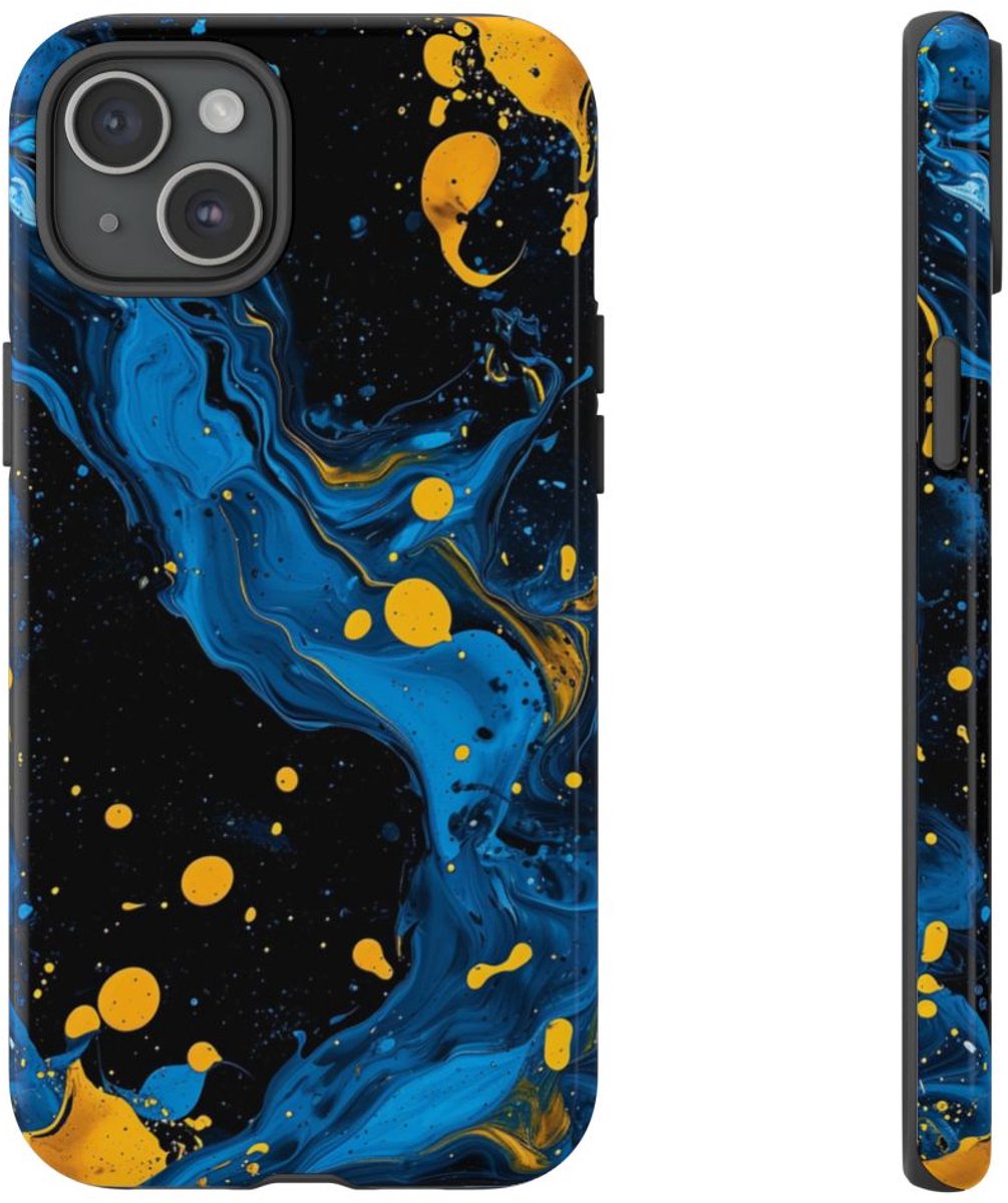 Blauwe en Gele Verfspatten Abstract – Telefoonhoesje Geschikt voor iPhone 15 Plus