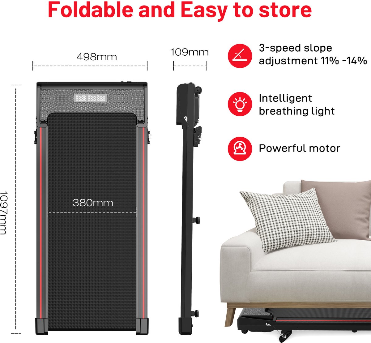 Afbeelding 2 van Elektrische ZX1P loopband met helling- ruimtebesparende loopband met helling- 2-in-1 looppad- LED-display- loopband onder bureau