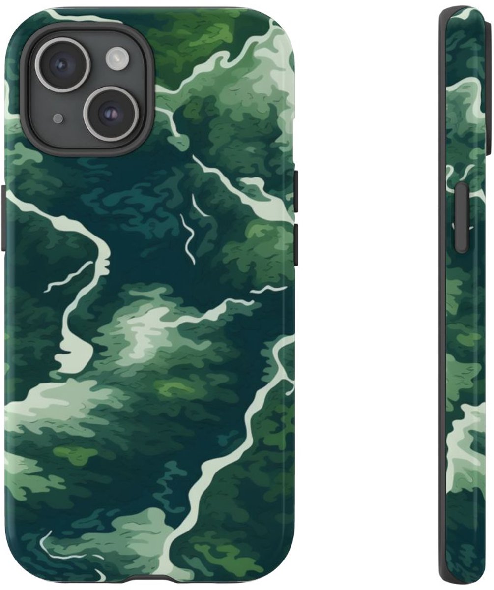 Abstracte Groene Rivier en Bospatroon – Telefoonhoesje Geschikt voor iPhone 15