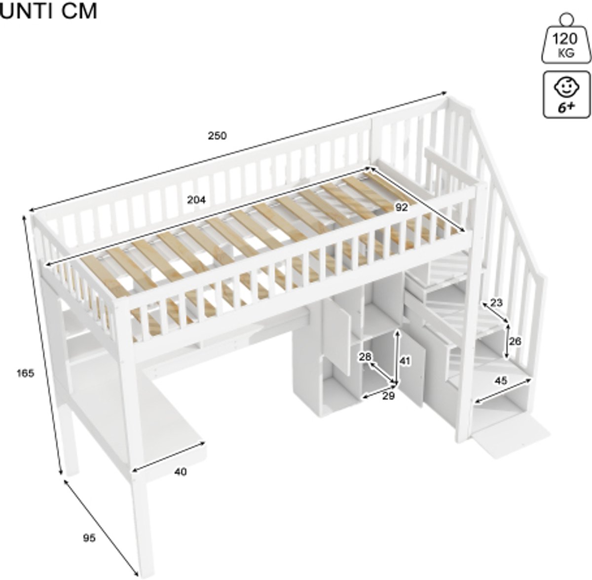 vidaXL Hoogslaper, 90x200cm, met ledverlichting, opbergladder, planken, opbergvakken, bureau, zonder matras, wit