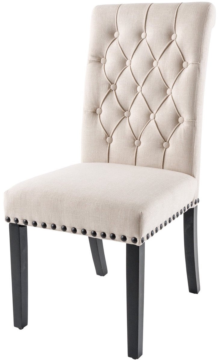 Invicta Interior Design Stoel CASTLE beige zwart Getextureerde stof Houten poten Chesterfield - 43215 Zie omschrijving