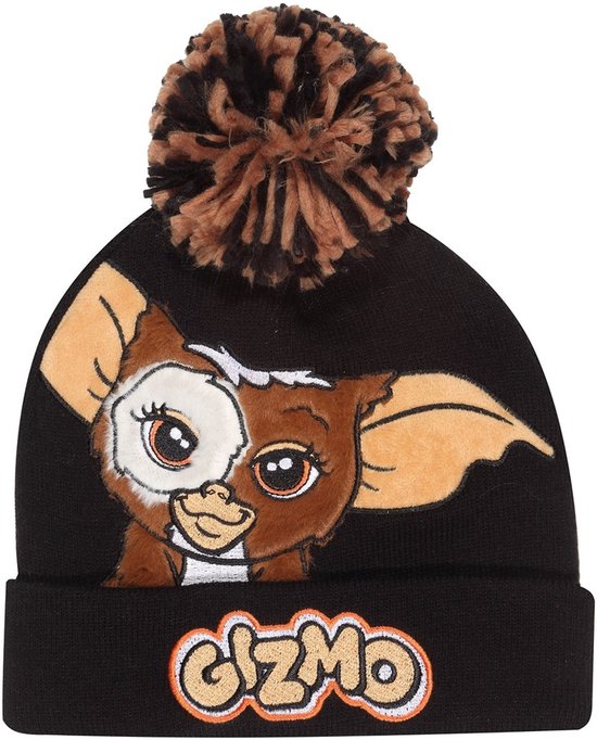 Bonnet noir avec un Gizmo brodé des Gremlins et le texte 'Gizmo' en orange.