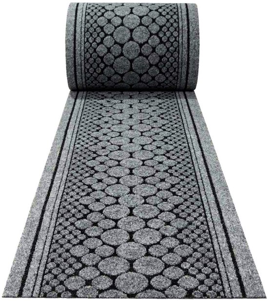 Tapis de couloir gris avec motif circulaire et bords noirs.