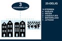 Onderdelen van een Sinterklaas raamsticker set: huizen, Pietjes, sterren en cadeautjes.
