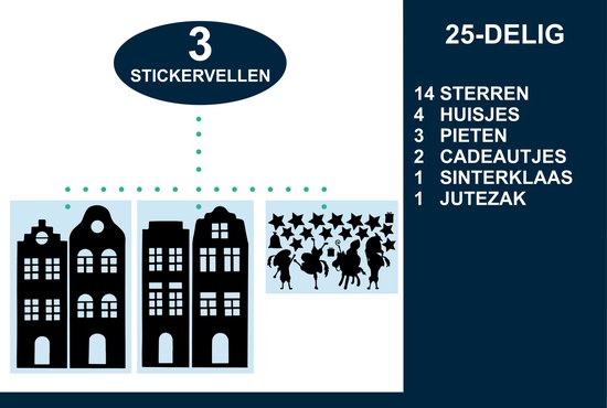 Onderdelen van een Sinterklaas raamsticker set: huizen, Pietjes, sterren en cadeautjes.