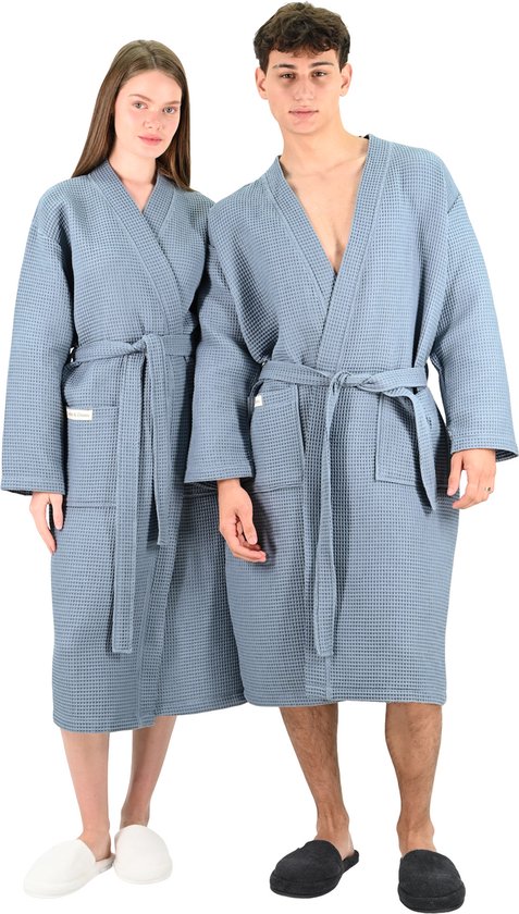 PandaHome - Badjas Badjas % Katoen - L - Blue - Gaufre en Katoen - Kimono - Badjas Femme - Badjas Homme - Badjas Femme et Homme