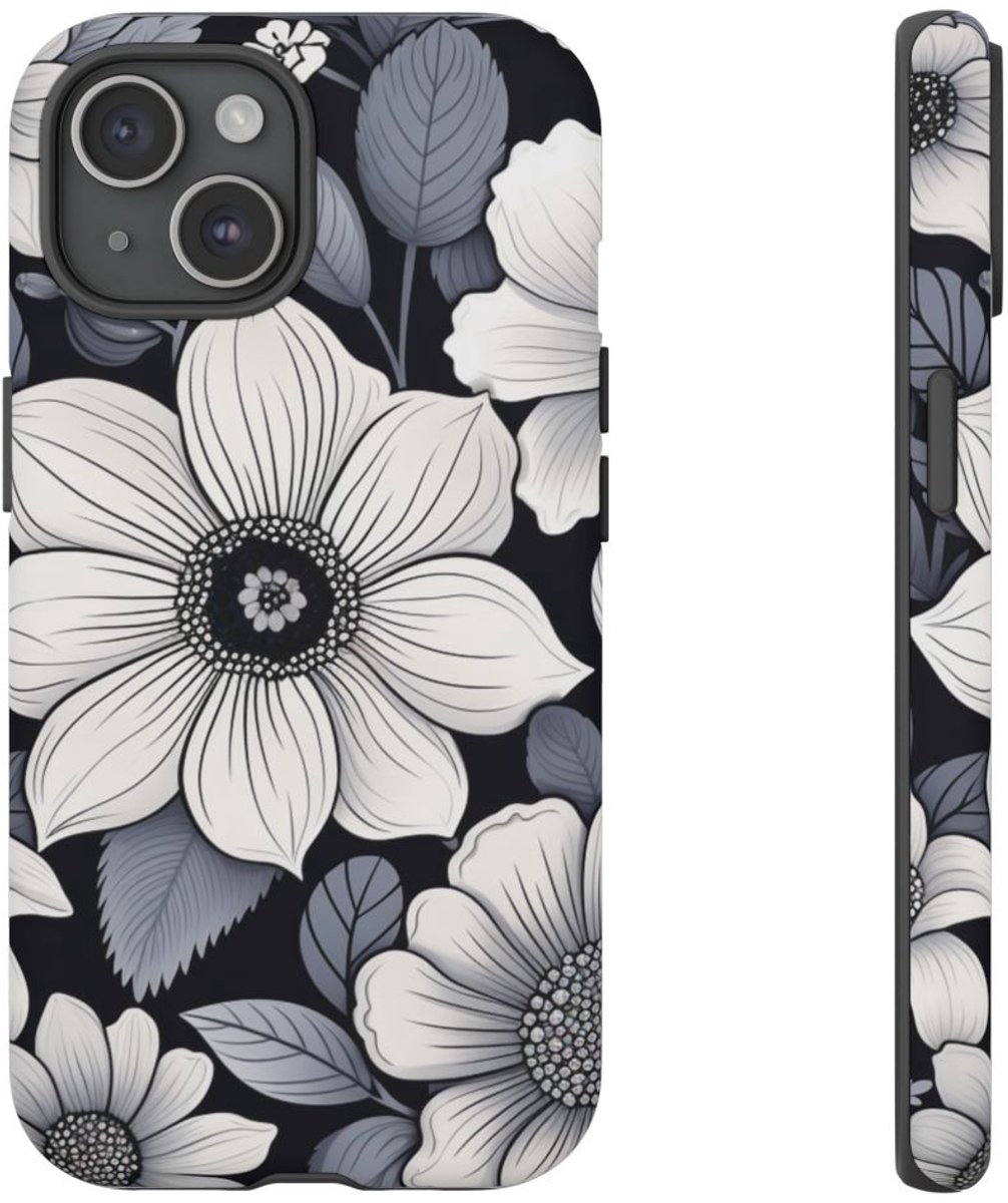Zwart-Wit Bloemenpatroon – Telefoonhoesje Geschikt voor iPhone 15