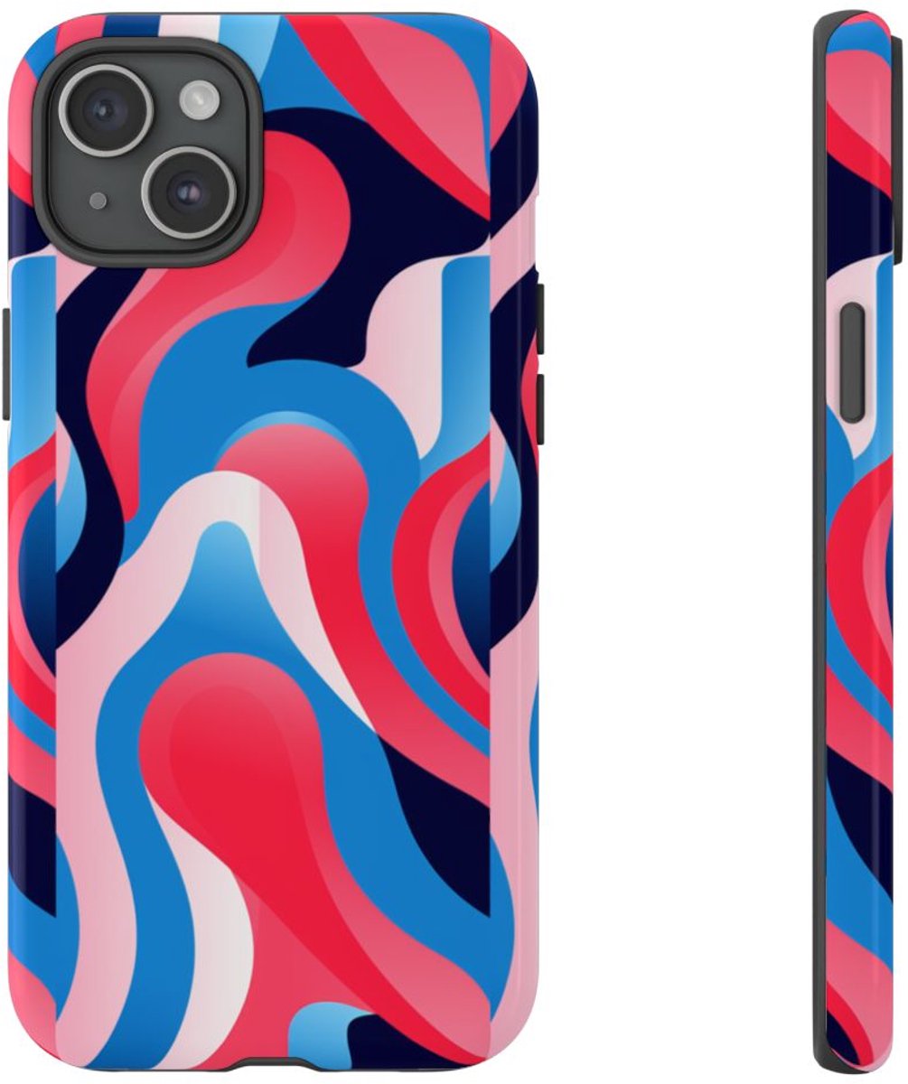 Blauw-Rood Abstract Golvend Patroon – Telefoonhoesje Geschikt voor iPhone 15 Plus