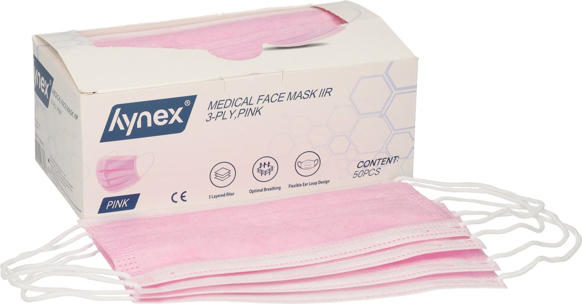 Hynex Type IIR Mondkapjes - Medische wegwerp mondmaskers – 50 stuks per doos - Roze