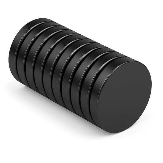 Stapel van 10 zwarte, ronde neodymium N52 magneten.