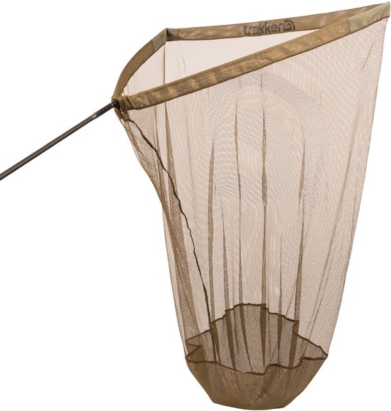 Bruin net van een schepnet, met 'Trakker' op de beige rand.