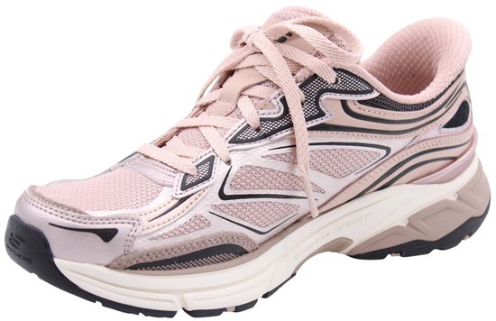 Roze Skechers sneaker met zilveren en zwarte accenten, veters en opvallende zool.