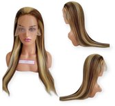 Frazimashop - Perruque brésilienne Remy 22 pouces 55 cm cheveux raides bruns et blonds - 100% hair humains - perruques frontales en dentelle 13x4