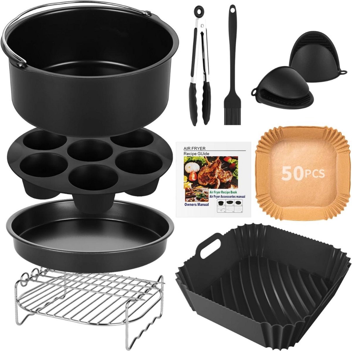 DailySupplies® Airfryer Accessoires - Siliconen Bakje - Bakpapier - Zwart