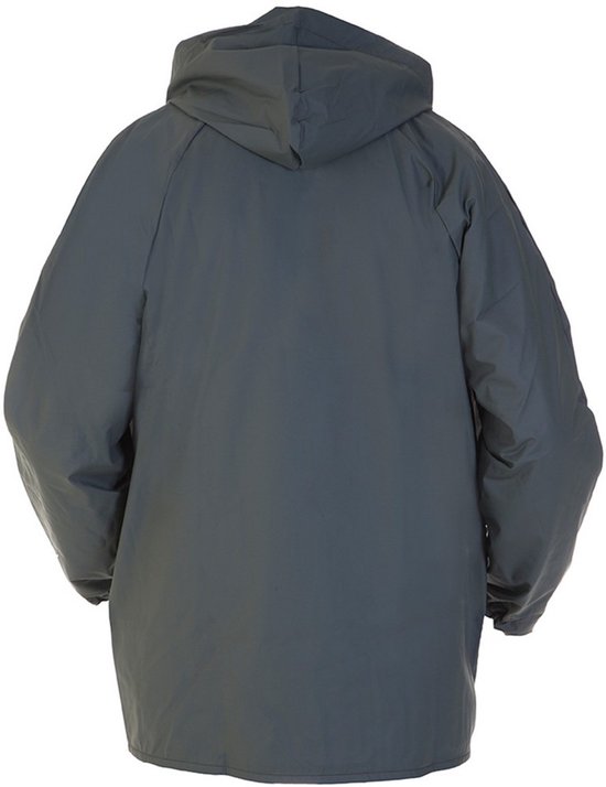 Donkergrijze achterkant van een Hydrowear regenjas met capuchon.