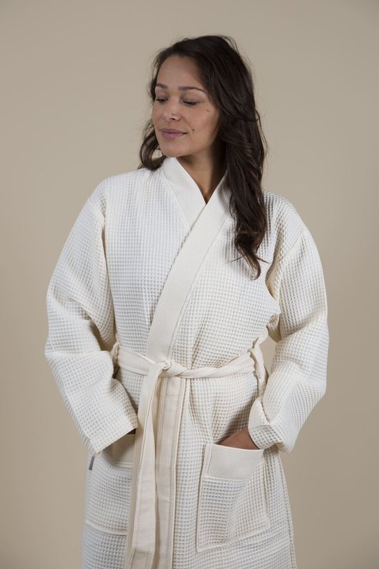 Sauna Wafel Badjas Dames – Cozylion – 100% Duurzaam Katoen – Oeko-Tex – Wit / Offwhite – Kimono Stijl – Wafel Badjassen Vrouwen – Sauna & Wellness Ochtendjas voor Vrouw