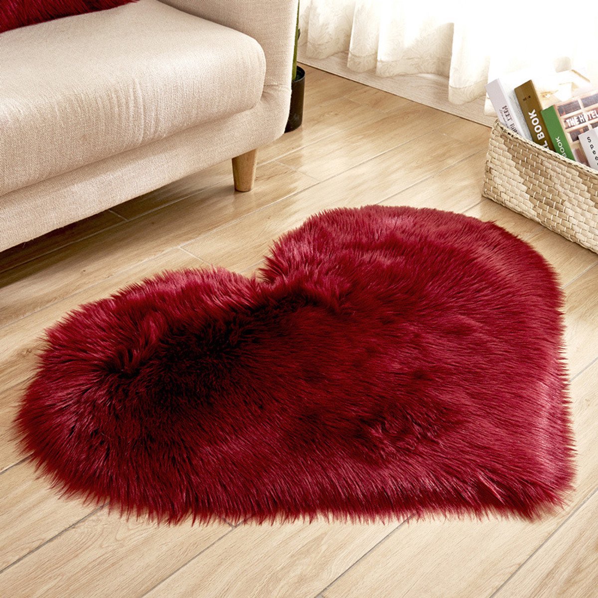 Qelus Wijnrood Modern Hartvormig Vloerkleed met Lange Pluizen - Wasbaar - Hoogpolig Vloerkleed - Zacht fluffy Decoratie - Voor Stoel, Bank of Bed - 30x40 cm