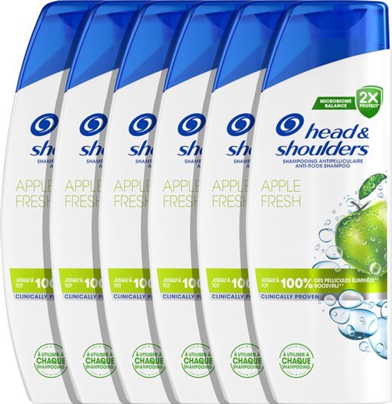 Head & Shoulders Apple Fresh shampooing antipelliculaire 6x250ml avec une image de pomme verte et de bulles.