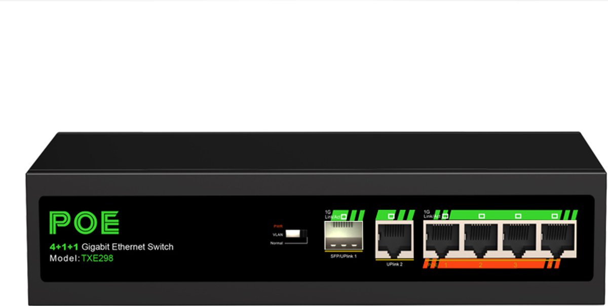 SBVR Netwerk Switch - 6 poorten - PoE Switch - RJ45 Internet Splitter - SFP / Glasvezel - 1 Gbps