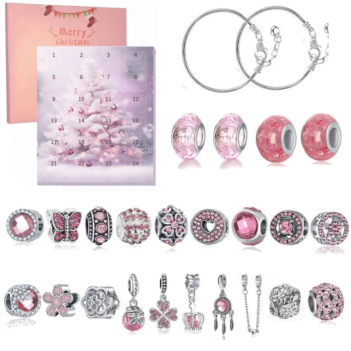 Adventskalender 2026 - Sieraden – 24 Dagen Verrassing – Armband & Charms – Roze