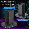 Zwarte 4-in-1 oplaaddock voor Switch 2 Joy-Cons met RGB-verlichting.