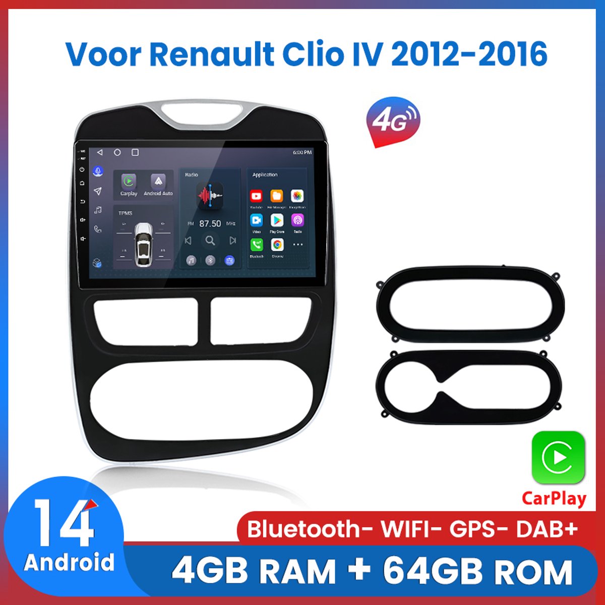 Awesafe 8-Core 4+64GB Autoradio Geschikt voor Renault Clio 4 2012-2016 - Draadloze Carplay Android Auto - Touchscreen - GPS Navigatie 4G WiFi Mirror Link FM RDS 32EQ DSP SWC - Bluetooth Radio - 2012 2013 2014 2015 2016
