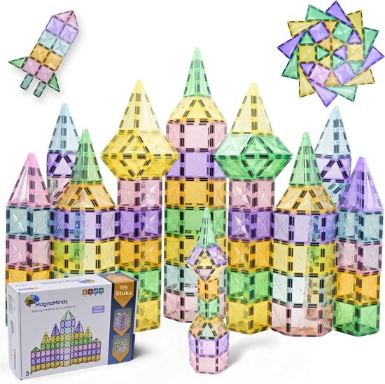 Magna Minds - Star Pastel - Magnetic Tiles- Magnetisch Speelgoed – 119 stuks - Constructie speelgoed - Magnetische tegels - Montessori speelgoed - Magnetic toys - Magnetische bouwstenen - Speelgoed Kinderen
