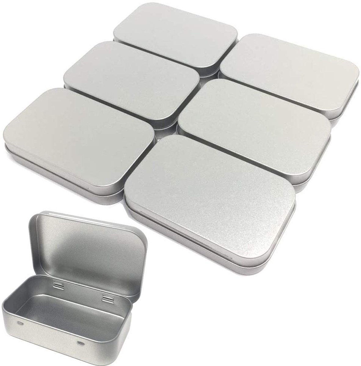 Ynkkvre-Set van 6 Rechthoekige Metalen Opbergdoosjes – Compacte Blikjes voor Lippenbalsem, Muntjes, Kruiden, USB en Kleine Spullen