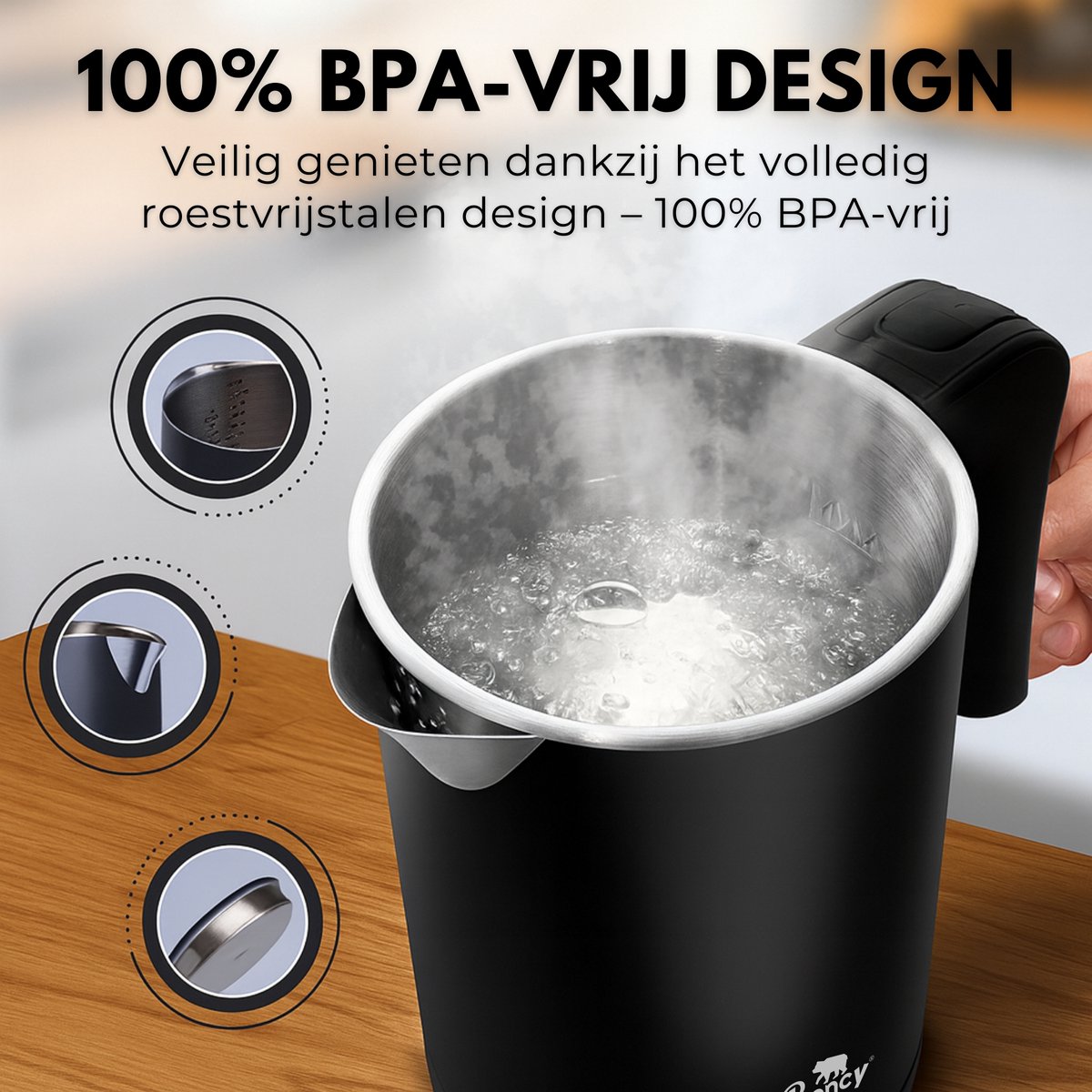 Boncy® Premium Mini Waterkoker - 0.5 Liter - Kleine Reiswaterkoker RVS Zwart - Reis Waterkokers voor Camping Hotel Senioren - Klein Draagbare Travel Water Koker Grijs - 0,5 L Retro — afbeelding 3
