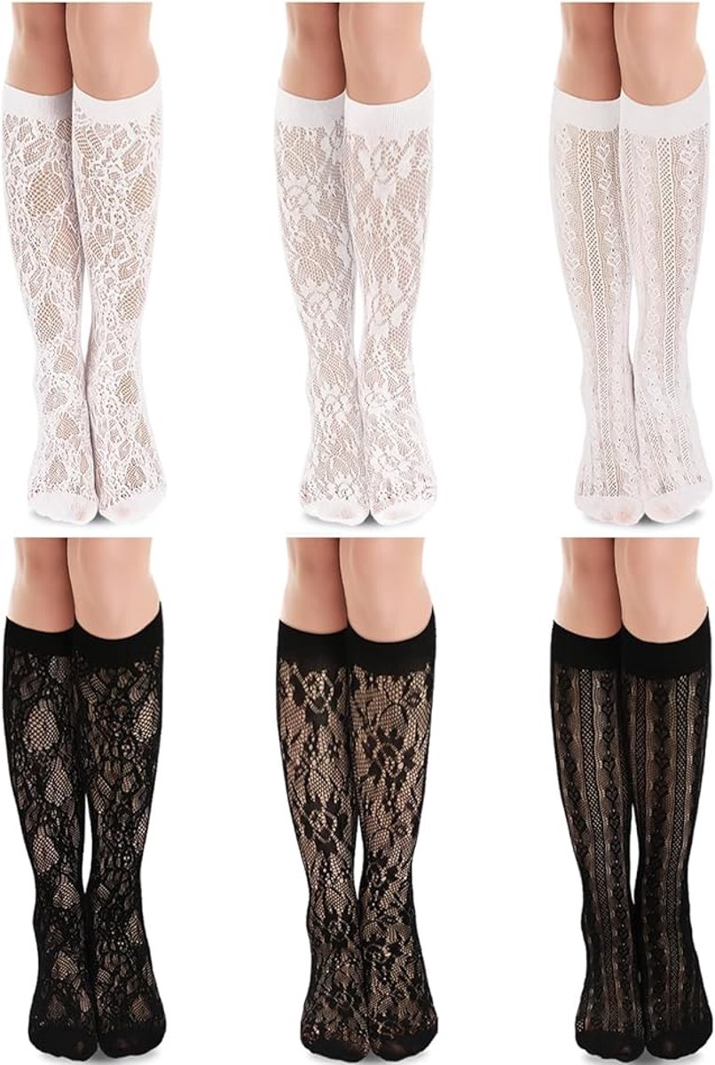 6 paar kanten sokken voor vrouwen, kanten kniekousen, mesh losse nylon enkelkniekousen voor vrouwen, meisjes, jurk, visnet, mesh, kant, uitgehold, (zwart, wit) - Cyslmuk®
