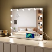 Royals Hollywood Spiegel 50x42CM - 14x Led Lampen - USB + USB-C Oplaadpoort - 10x Vergroting - 3 lichtstanden - Dimbaar - Smart Touch - hollywood spiegel met verlichting - Spiegel met verlichting - Make Up Spiegel - Visagie spiegel