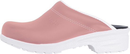 Roze Skolys klomp met witte zool en schacht. Het logo Skolys staat op de zijkant.