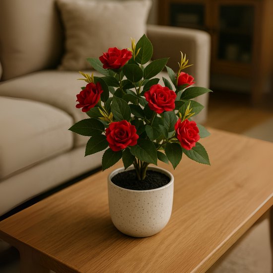 Kunstplant met rode rozen en groene bladeren in een witte pot, op een salontafel in een woonkamer.