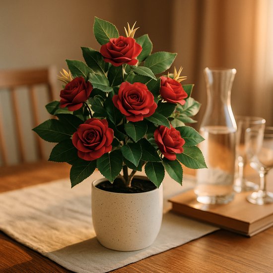 Kunstplant met rode rozen en groene bladeren in een witte pot, op een tafel met servies.