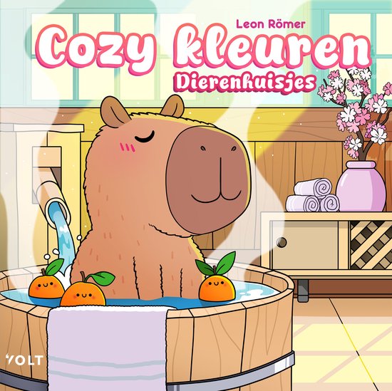 Een capybara ontspant in een houten bad met drie sinaasappels, met bloeiende kersenbloesems op de achtergrond. Leon Römer, Cozy kleuren, Dierenhuisjes.