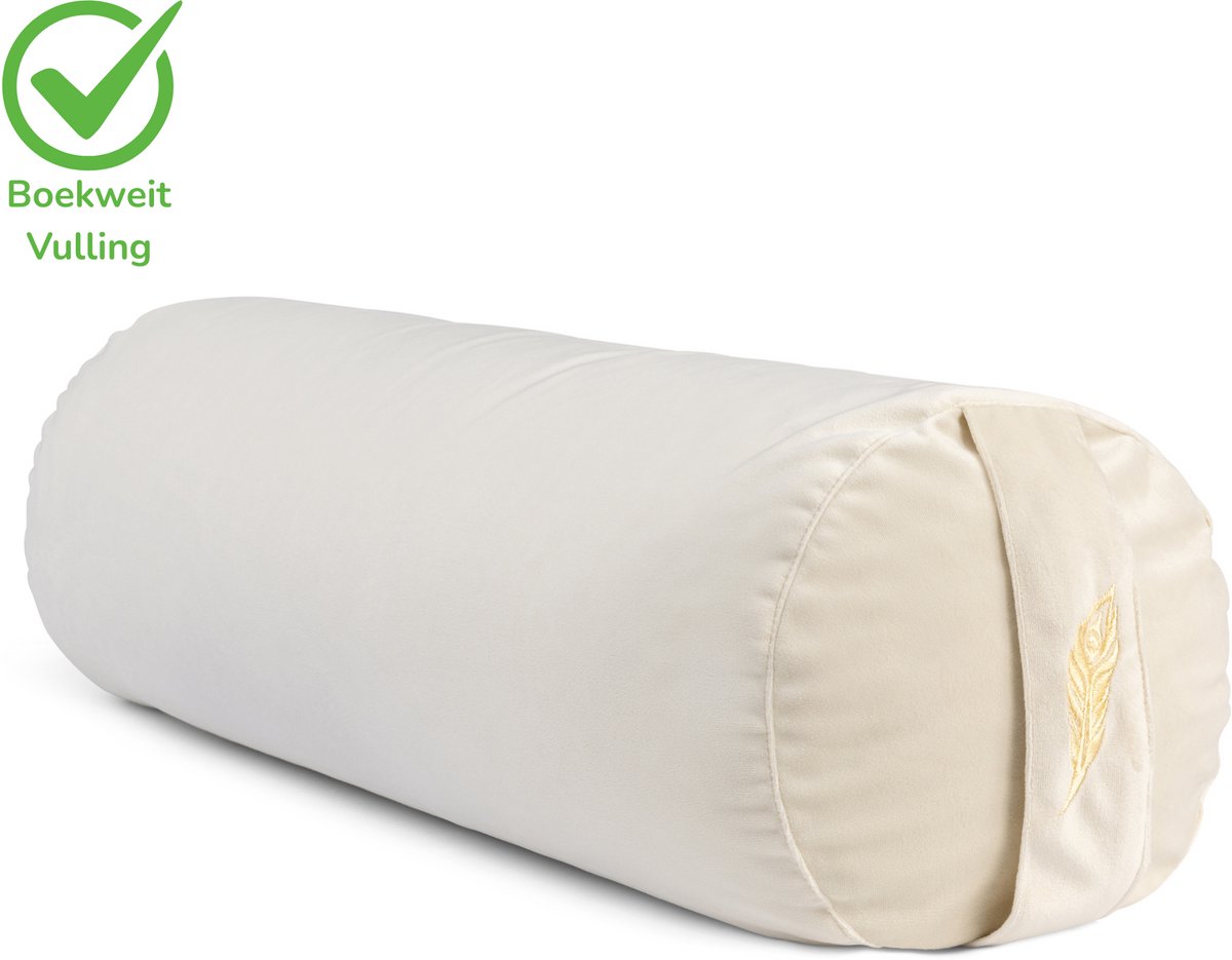 MindBaas - Yoga Bolster - Eco - Crème Velvet - Dubbel Gestikt - 60 x 20 cm (lengte x diameter) - Yoga Kussen - Yoga Rol