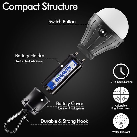 4 stuks - draagbare LED-tentlamp - waterdichte kampeerlantaarn -noodverlichting met karabijnhaak - op batterijen - ABS-materiaal - voor wandelen, feesten, kamperen, vissen - zwart van Merkloos — afbeelding 5