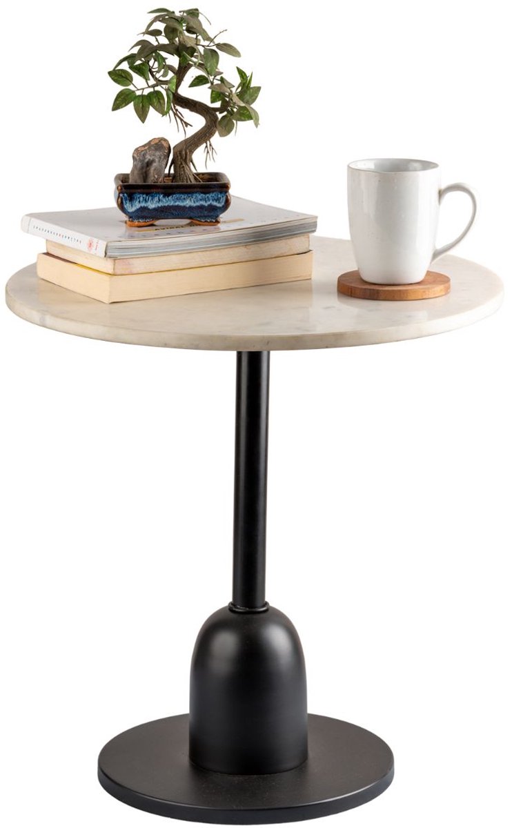 Floraya - Bijzettafel Marble - Wit/Zwart - 46x46x48 cm LxBxH) - echt marmer