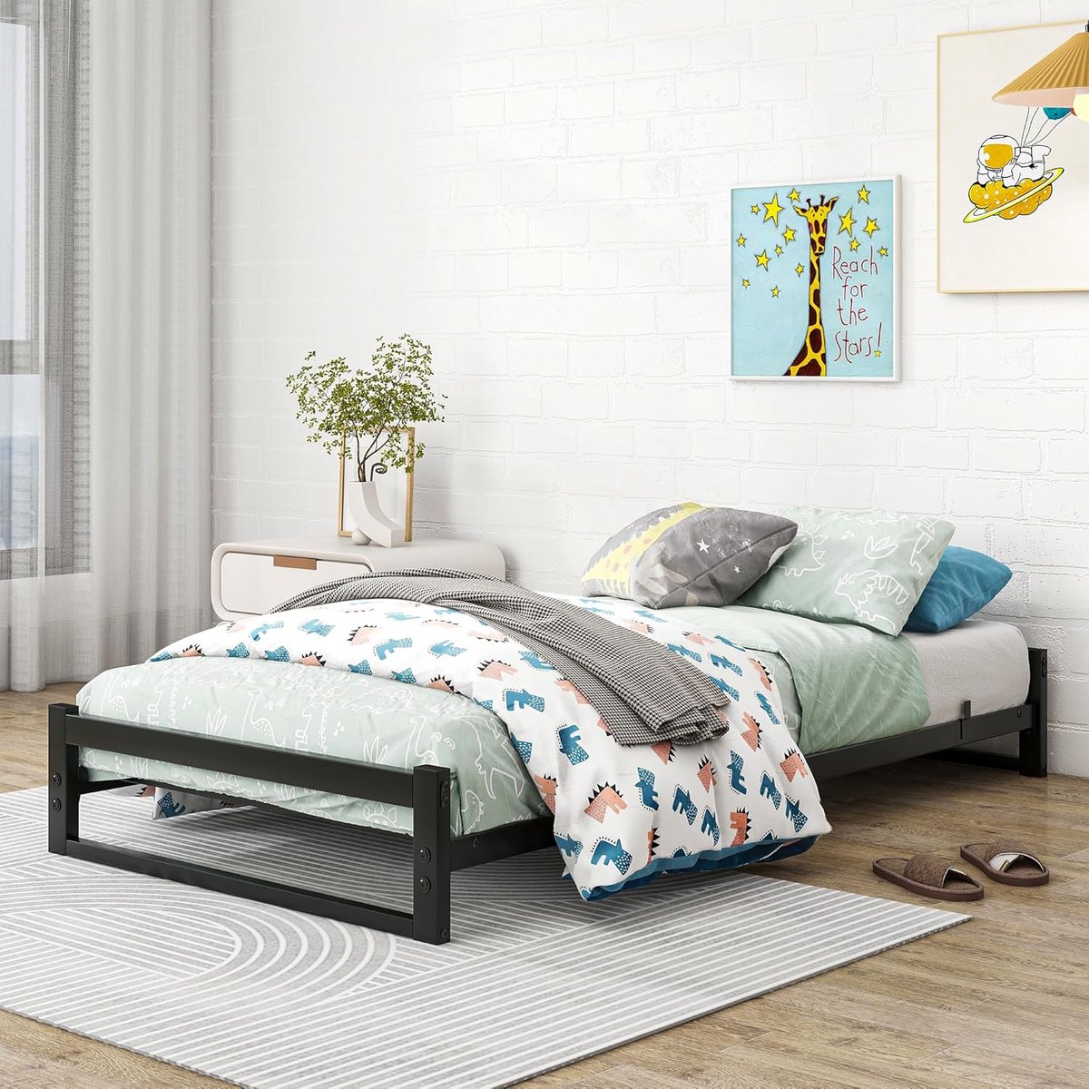 Metalen Bed 90 x 200 cm met Opbergruimte - Eenpersoonsbed met Lattenbodem en Geruisloze St