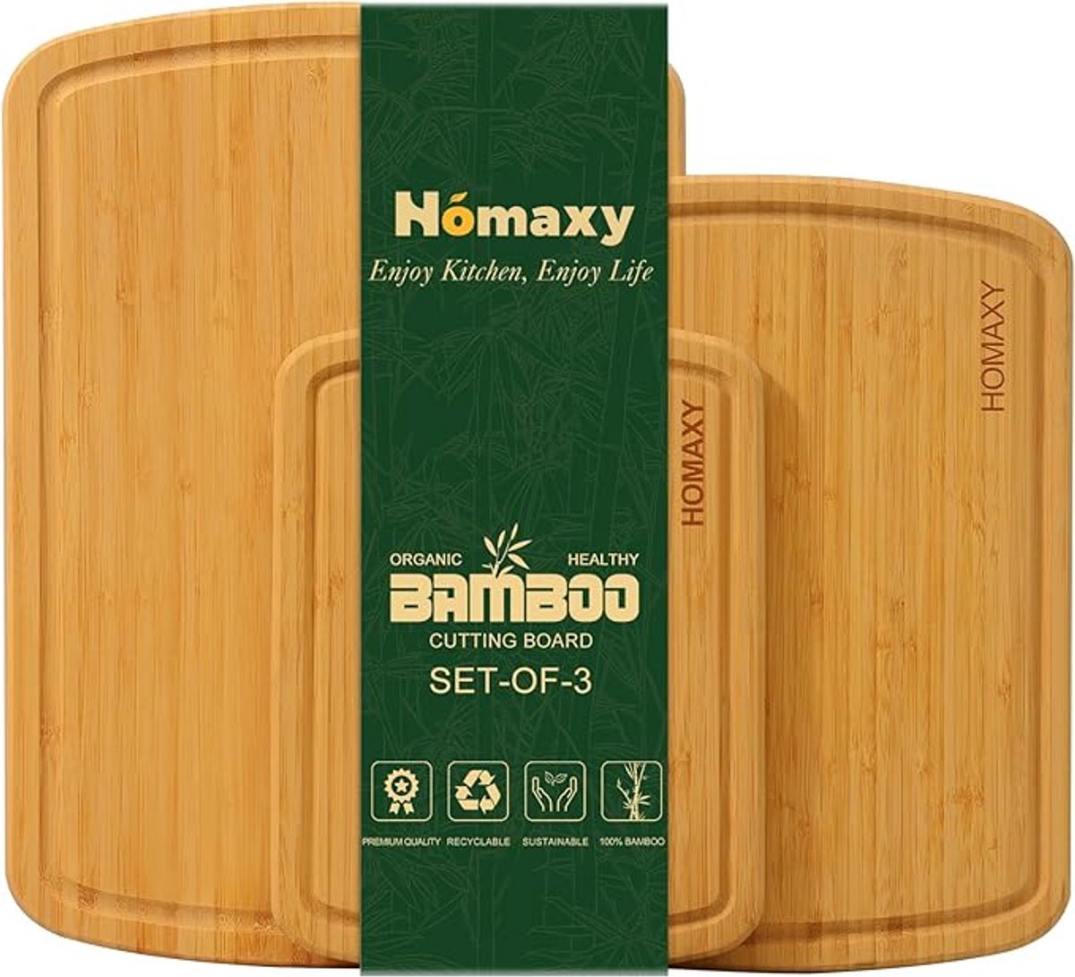 Homaxy Snijplankenset 3 stuks - Snijplanken bamboe - Snijplank Gebogen - Luxe Snijplanken Set - Keukenplanken（30*22.5*1.7，36.5*29*1.7，44.5*31.5*1.7 cm）
