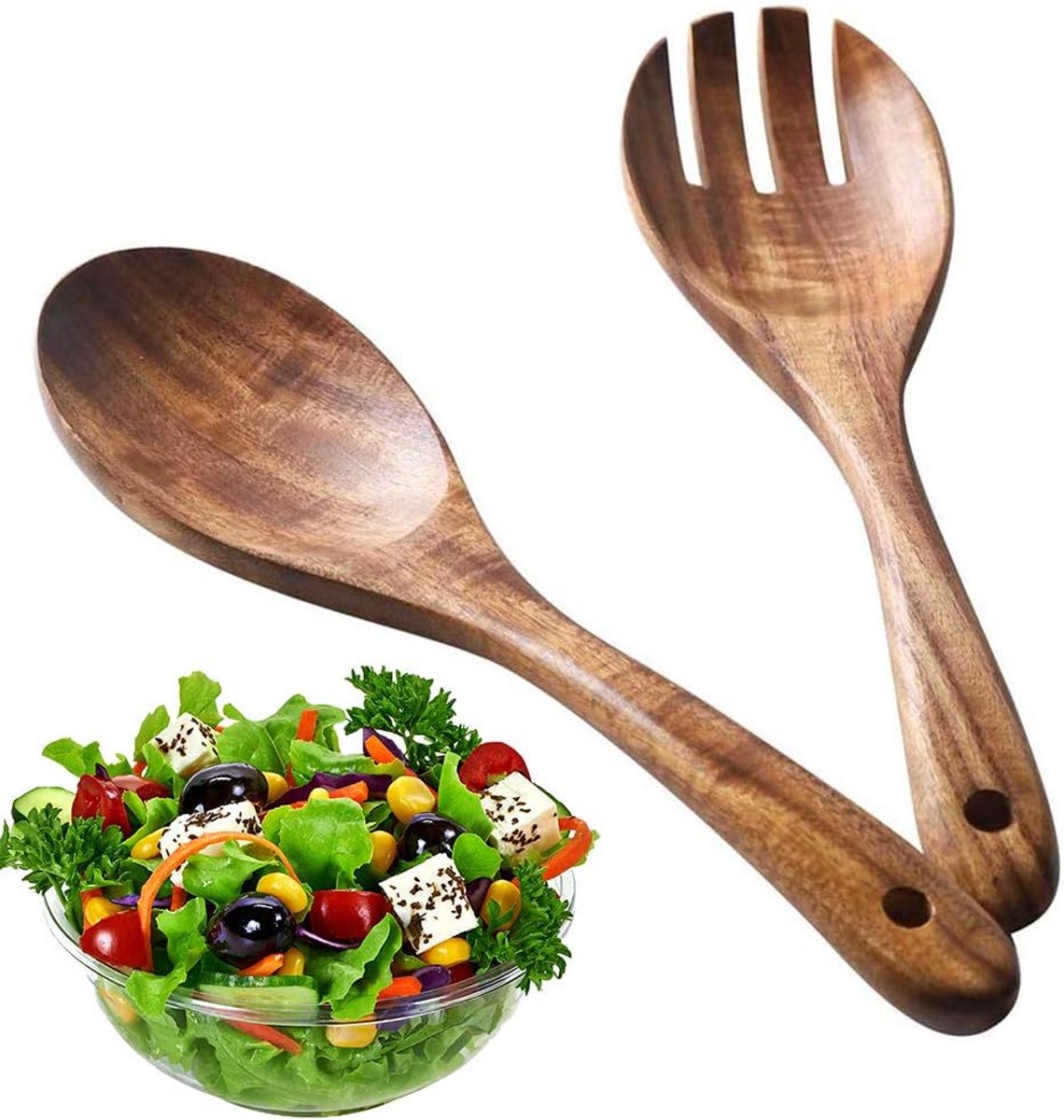 Cuhostki Wooden Salad Spoon Fork - Natural Wood - Eco-Friendly Kitchen Utensils