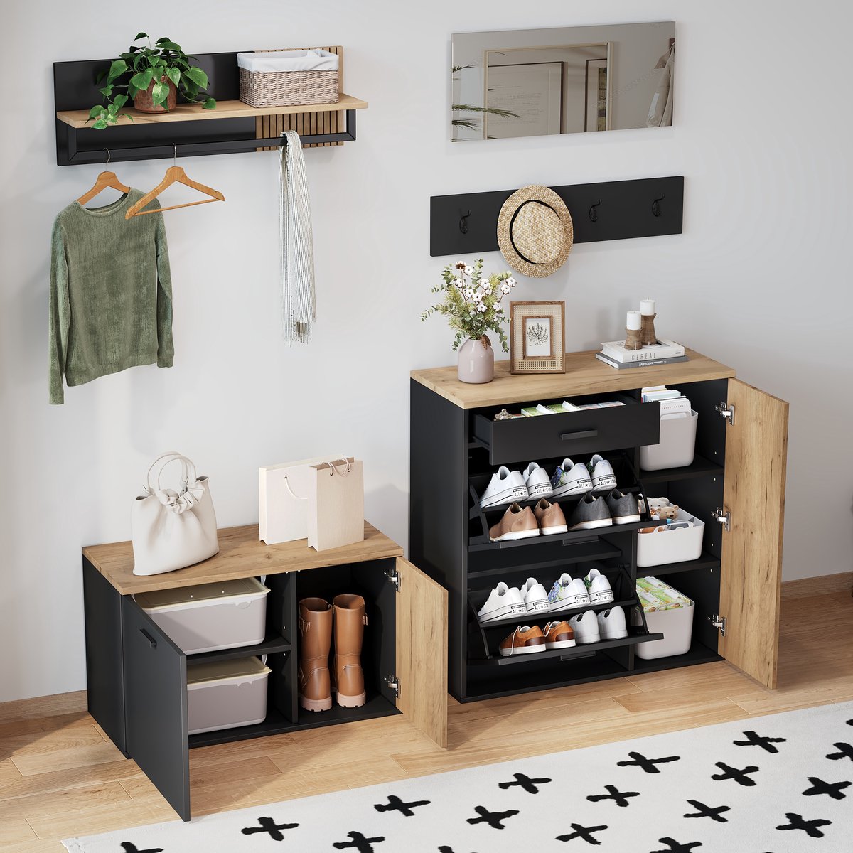 PHOEBE CAT Schoenenkast - 5-delige set - Halmeubel - Met spiegel - 4 haken - Wandplank - Zwart + Natuurlijke