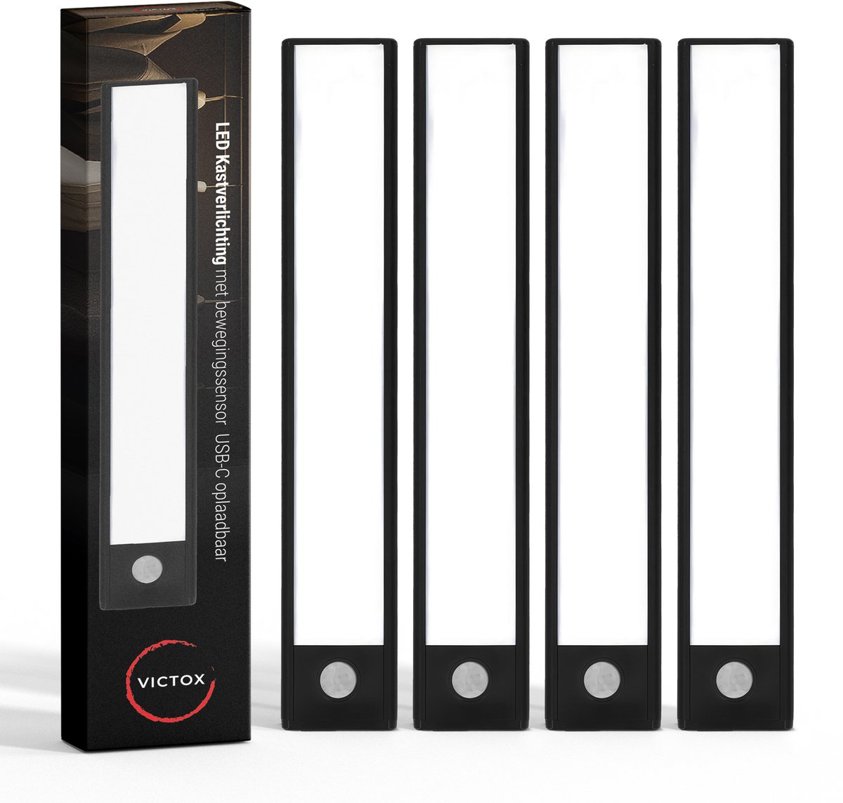 LED Kastverlichting met bewegingssensor - 4 x 20 cm - USB-C Oplaadbaar -Dimbaar - 3 Kleurtemperaturen - Magnetisch - Draadloos - Zwart (4-PACK)