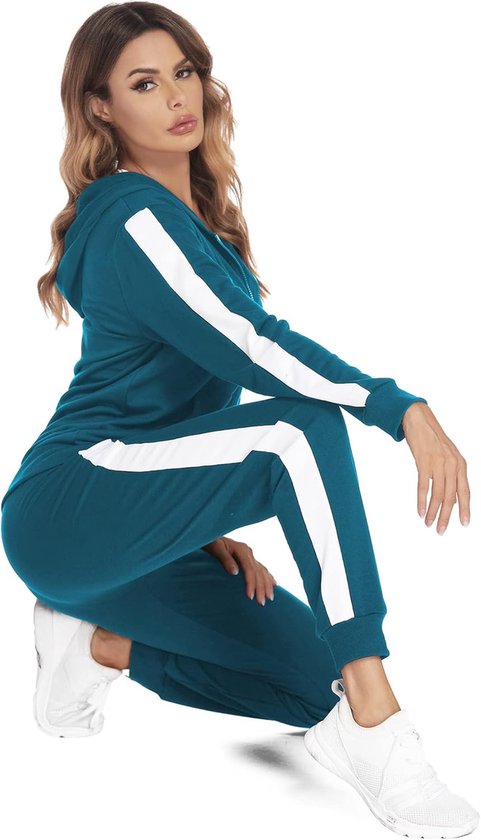 Parabler Joggingpak voor dames, trainingspak, tweedelige set, sportpak, vrijetijdspak met capuchon & sportbroek, polyester, S-XXL, zwart, M Parabler Joggingpak voor dames, trainingspak, tweedelige set, sportpak, vrijetijdspak met capuchon & sportbroek, polyester, S-XXL, zwart, M