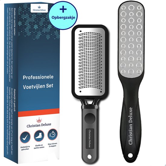 Professionele voetvijlenset met een grote rasp en een kleinere rasp, in een doos met de tekst "Professionele Voetvijlen Set".