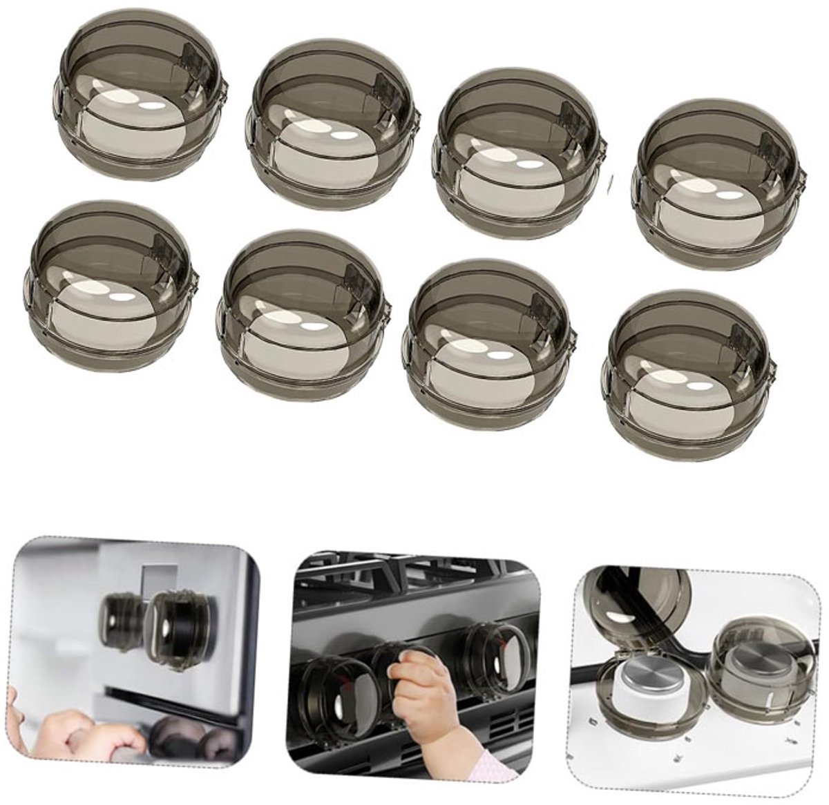 Kookplaatknophoezen - Kindveilig - Set van 8 - Kindveilig - Universele anti-inbraak beschermhoes - Geschikt voor gas-, keramische kookplaten, ovens en grills - Zwart